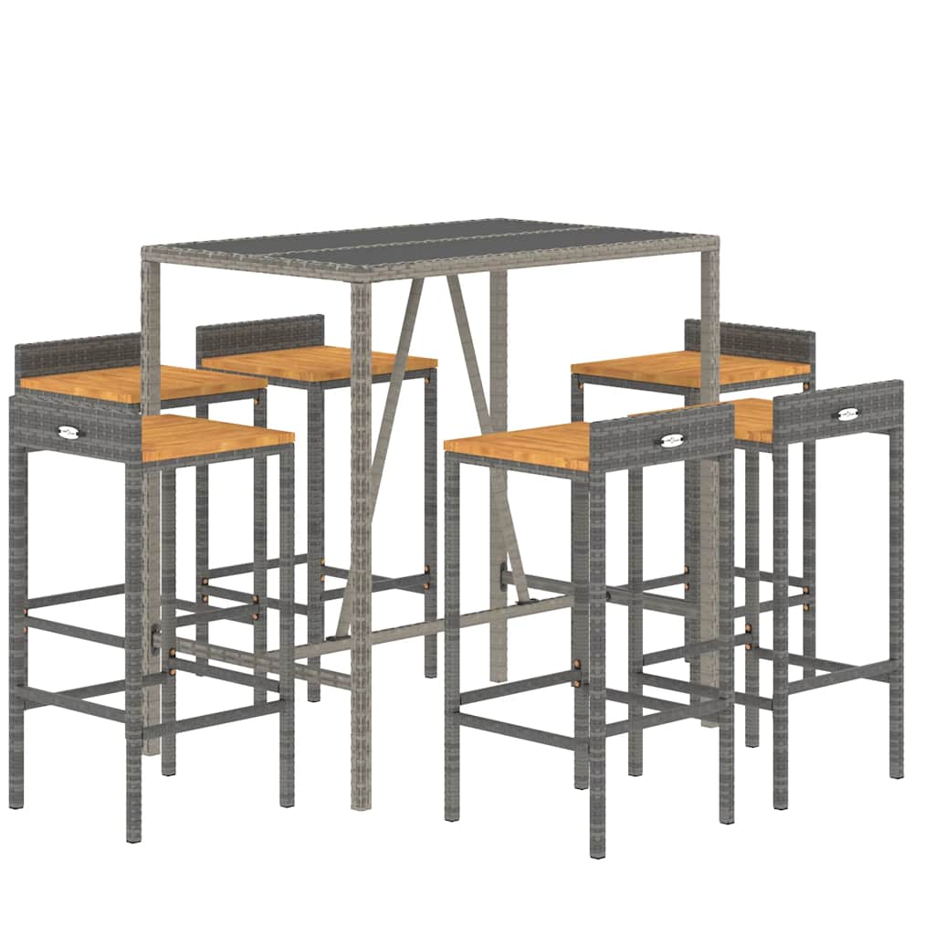 7 Pcs conjunto de bar p/ jardim vime PE/acácia maciça cinzento