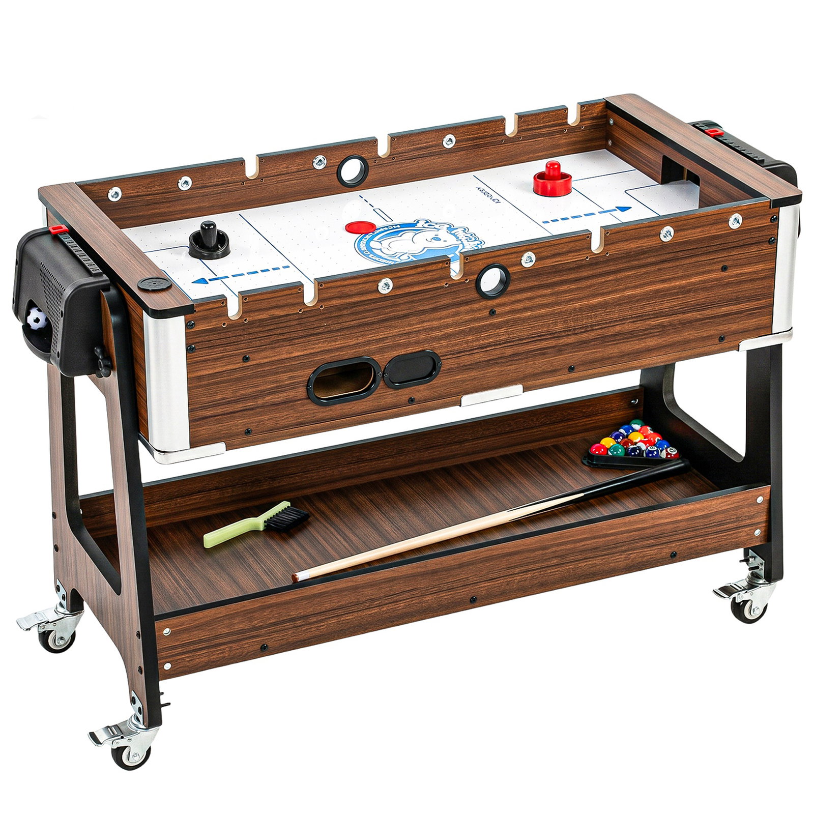 Mesa multijogos 3 em 1 com rodas com travão prateleira de arrumação matraquilhos para crianças bilhar air hockey nogueira
