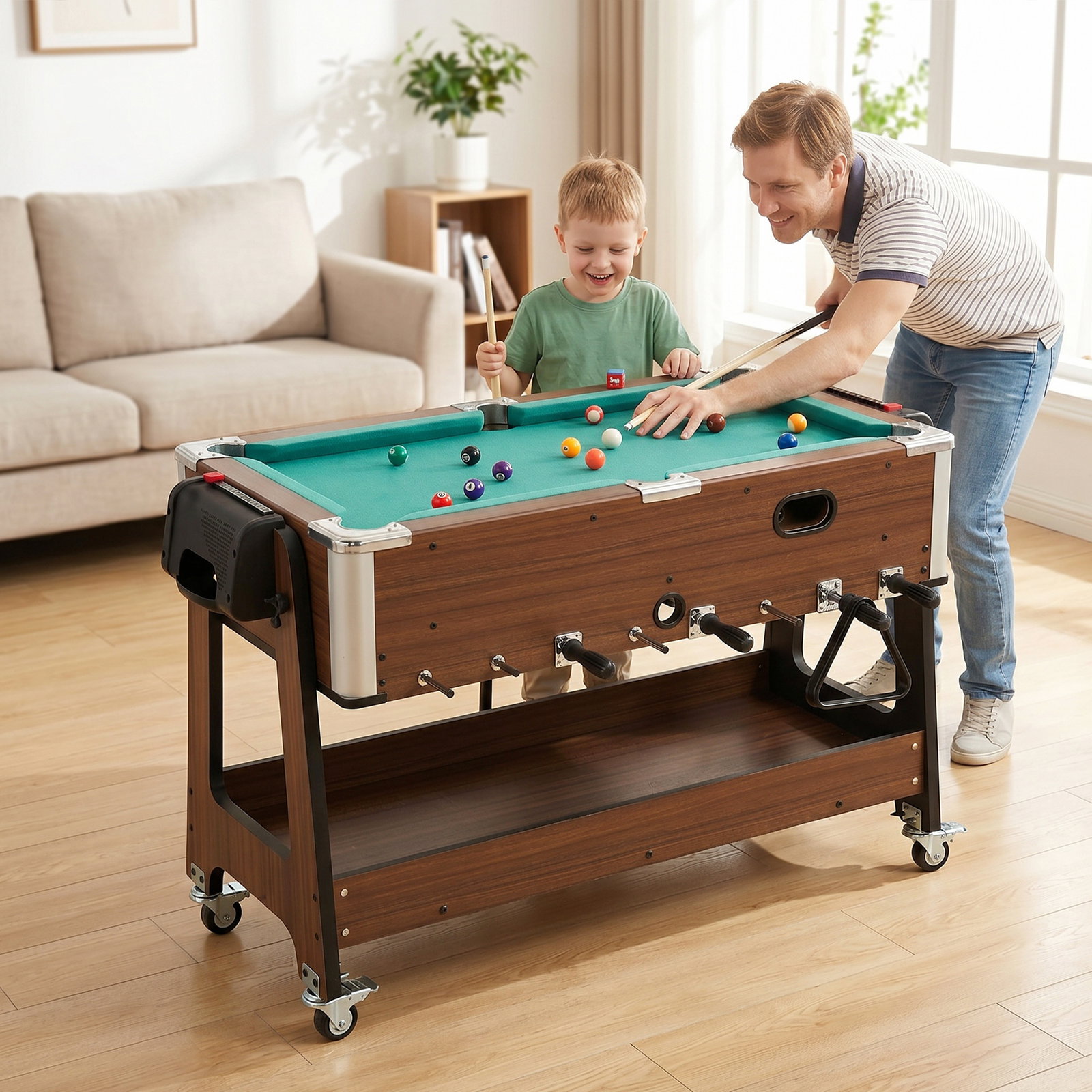 Mesa multijogos 3 em 1 com rodas com travão prateleira de arrumação matraquilhos para crianças bilhar air hockey nogueira