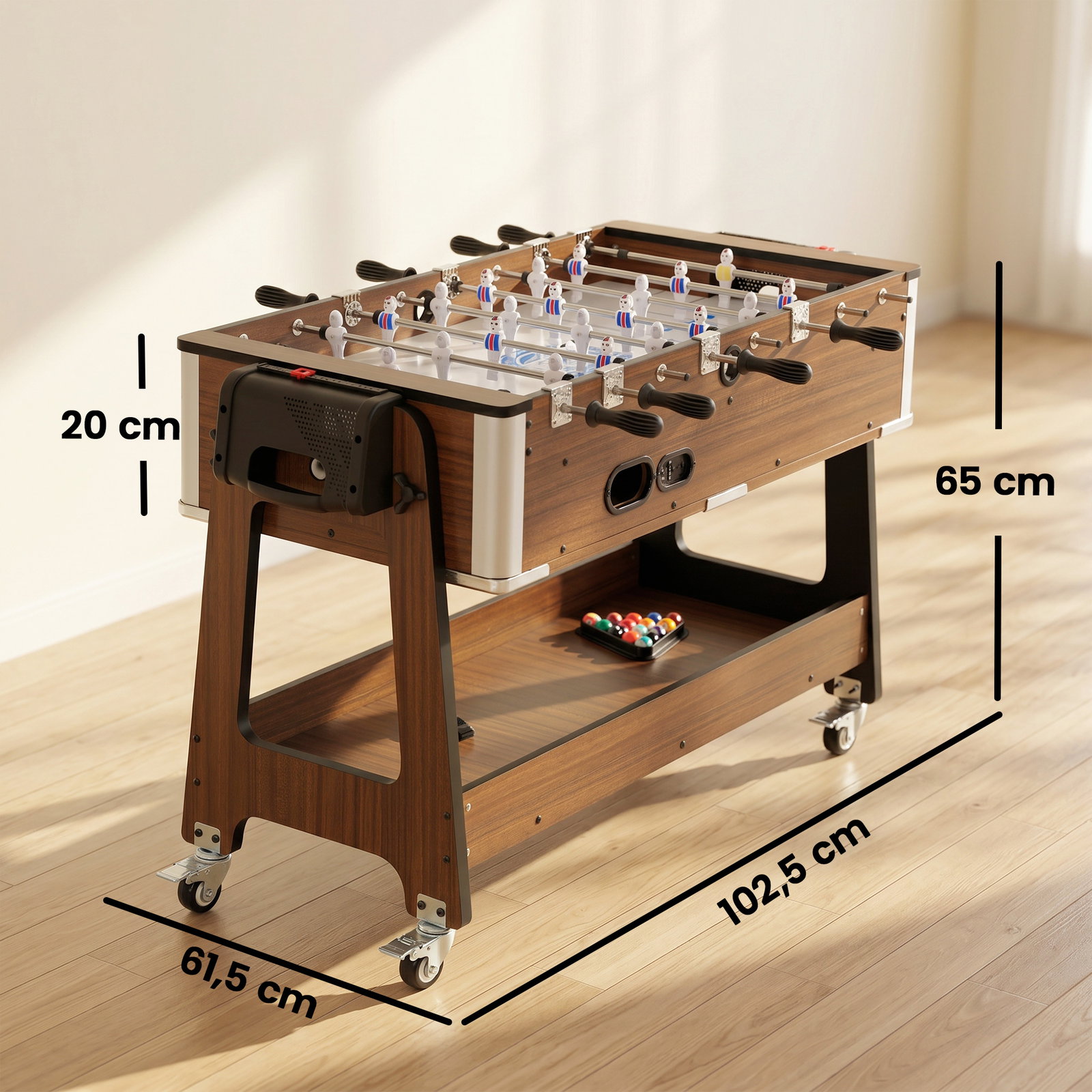 Mesa multijogos 3 em 1 com rodas com travão prateleira de arrumação matraquilhos para crianças bilhar air hockey nogueira