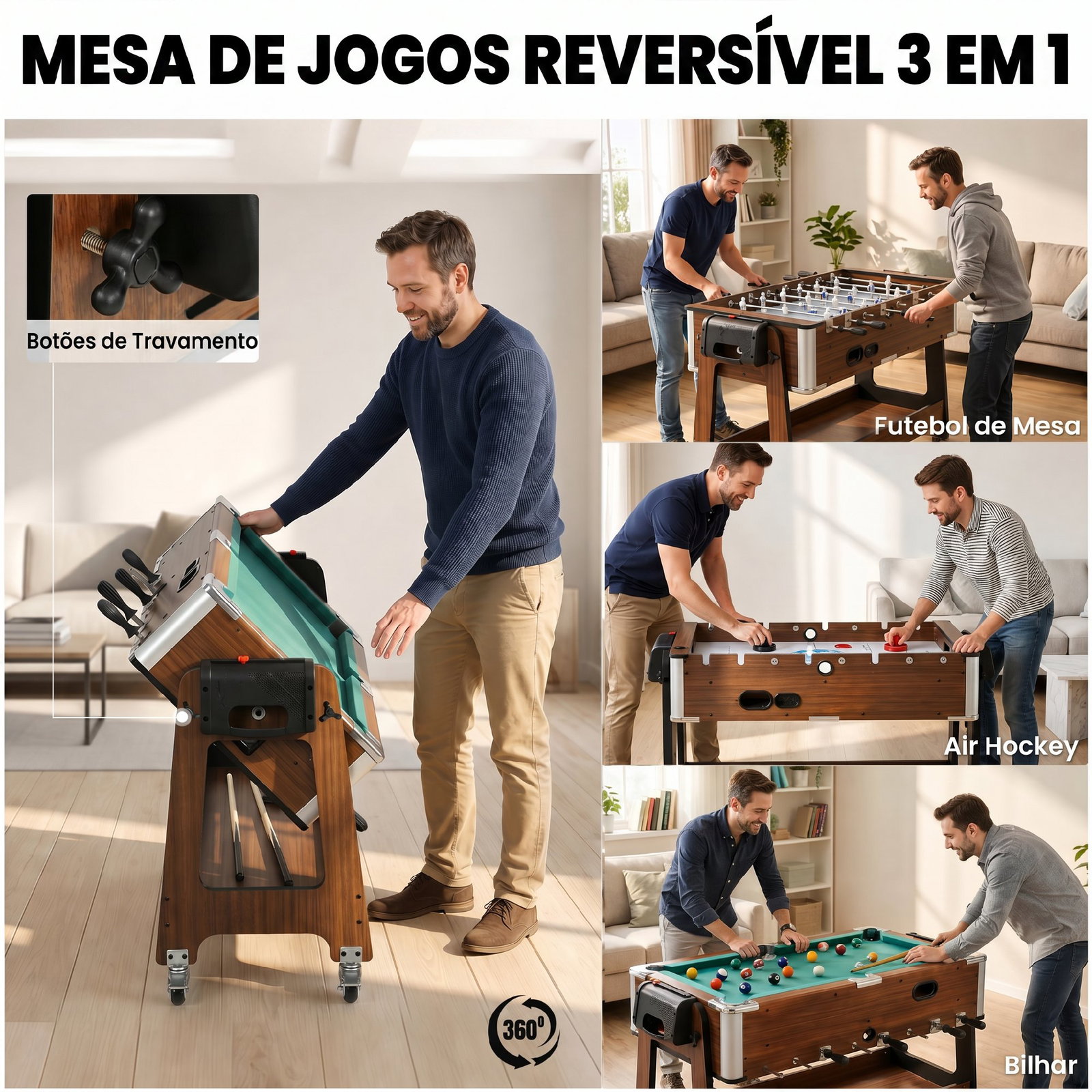 Mesa multijogos 3 em 1 com rodas com travão prateleira de arrumação matraquilhos para crianças bilhar air hockey nogueira