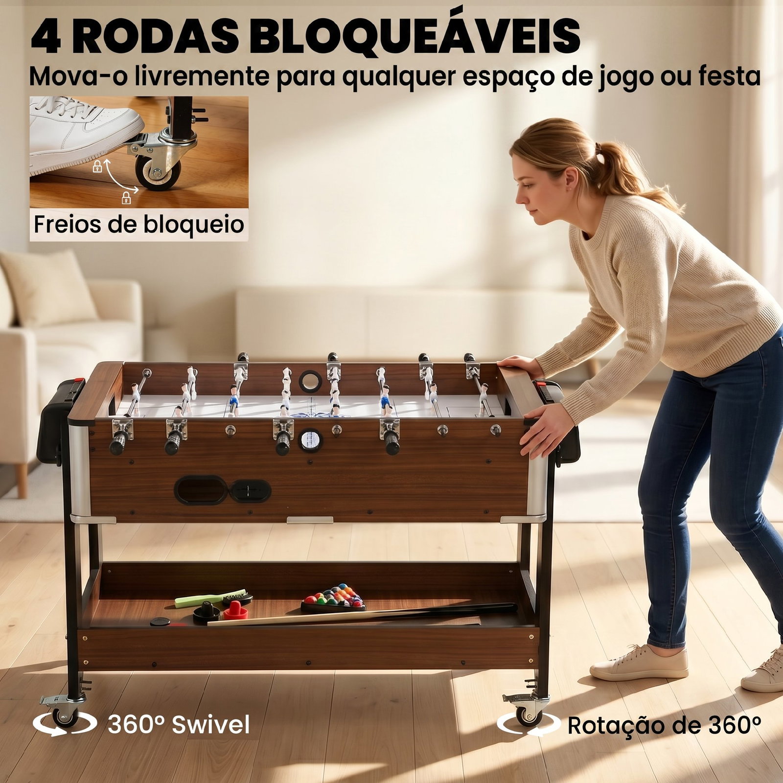Mesa multijogos 3 em 1 com rodas com travão prateleira de arrumação matraquilhos para crianças bilhar air hockey nogueira