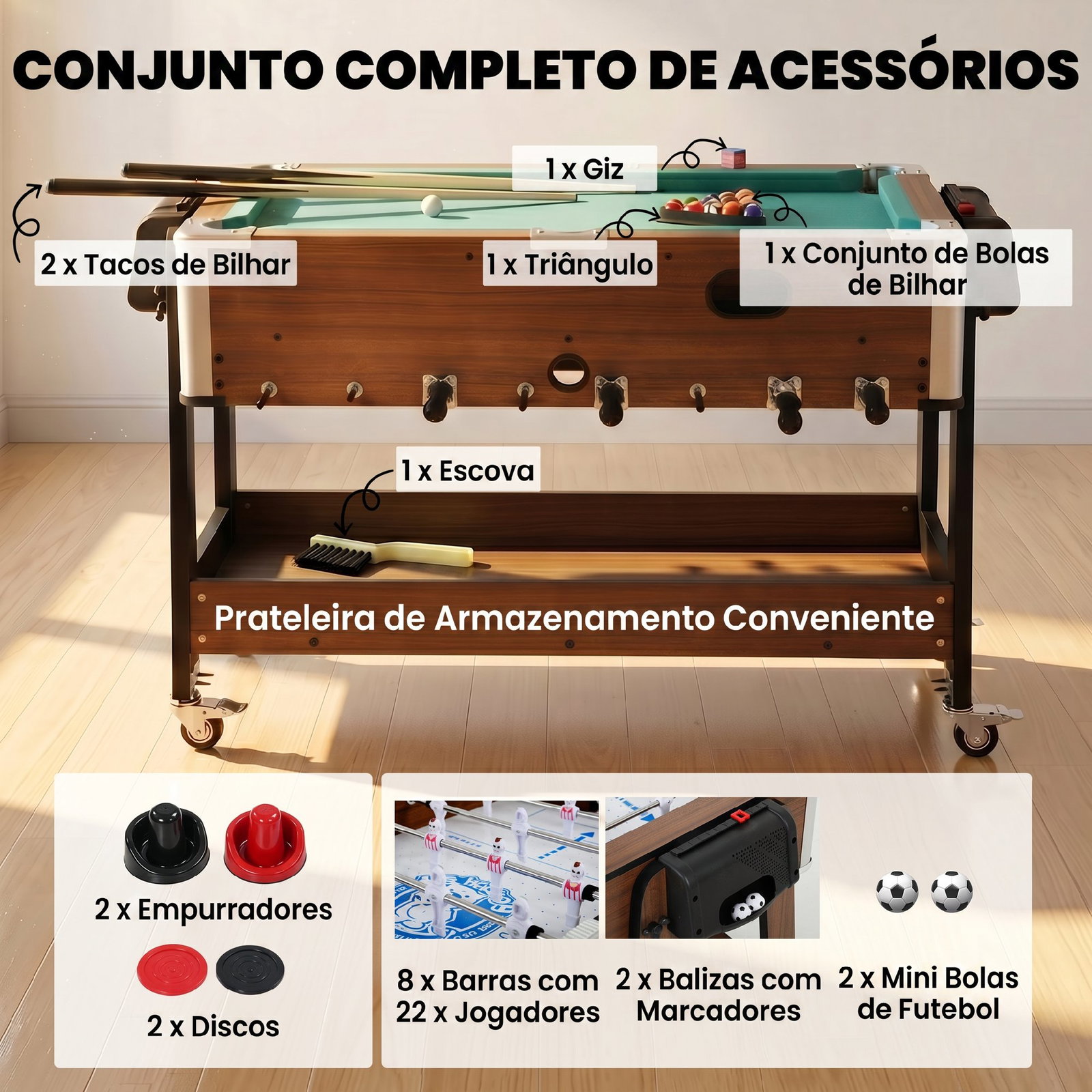 Mesa multijogos 3 em 1 com rodas com travão prateleira de arrumação matraquilhos para crianças bilhar air hockey nogueira