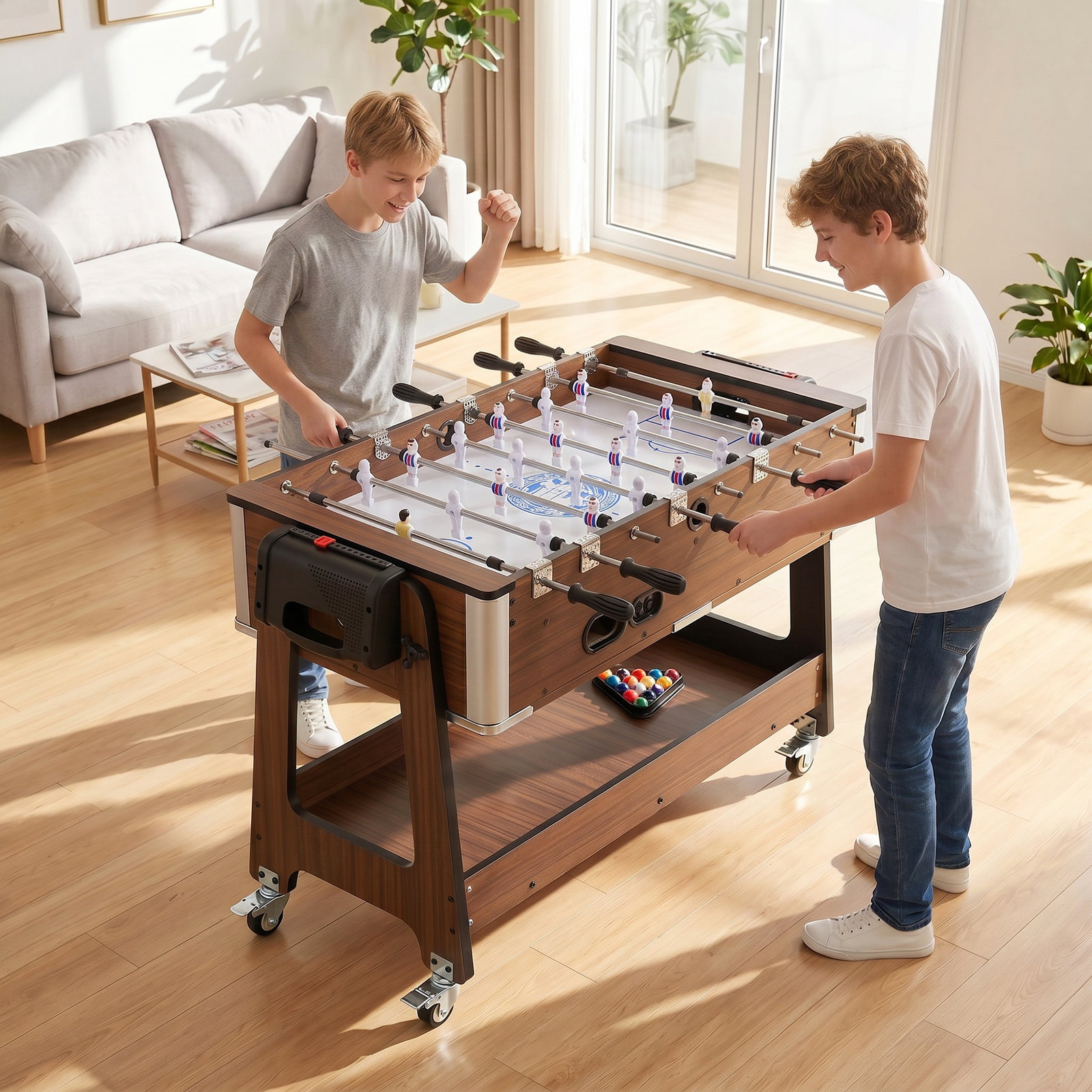 Mesa multijogos 3 em 1 com rodas com travão prateleira de arrumação matraquilhos para crianças bilhar air hockey nogueira