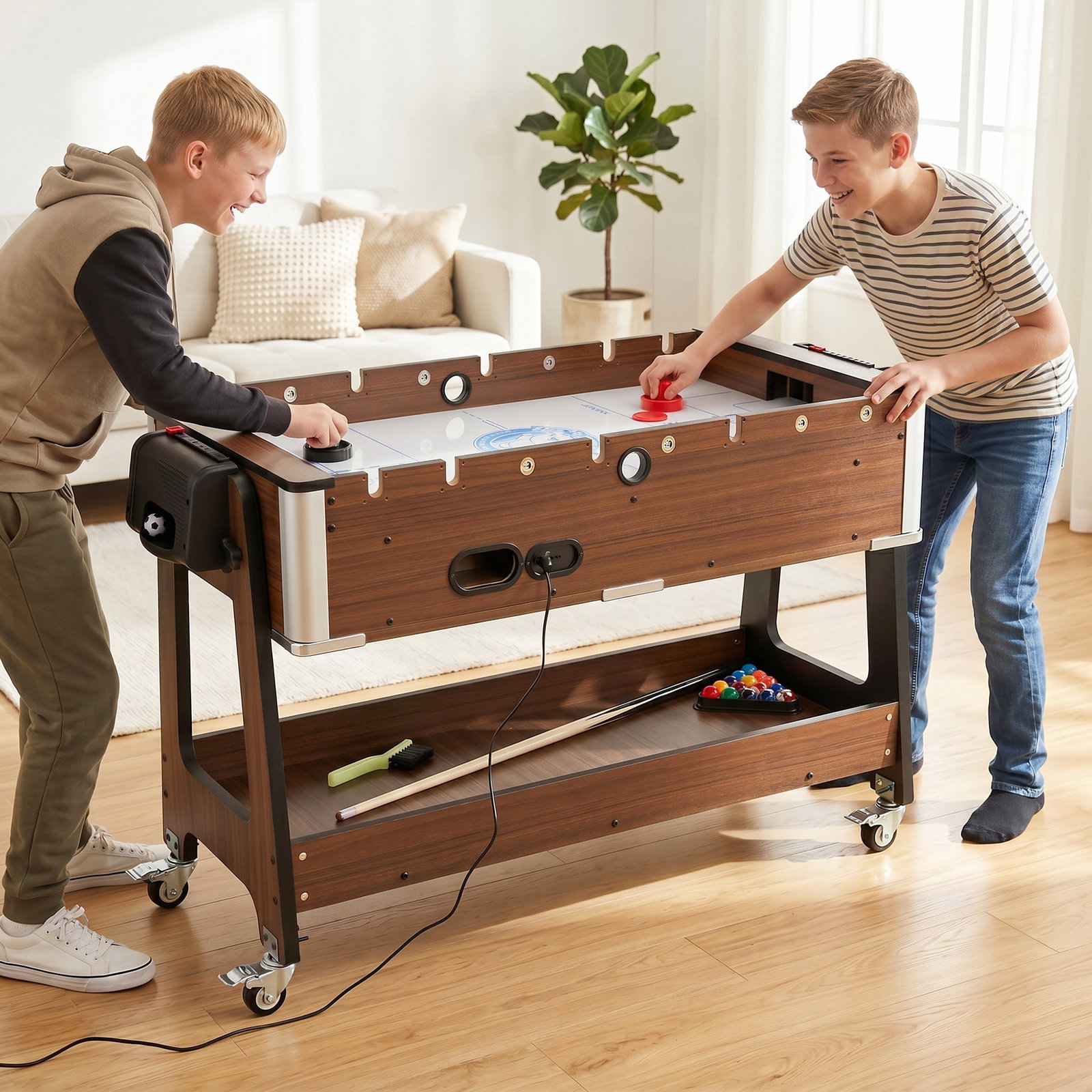 Mesa multijogos 3 em 1 com rodas com travão prateleira de arrumação matraquilhos para crianças bilhar air hockey nogueira