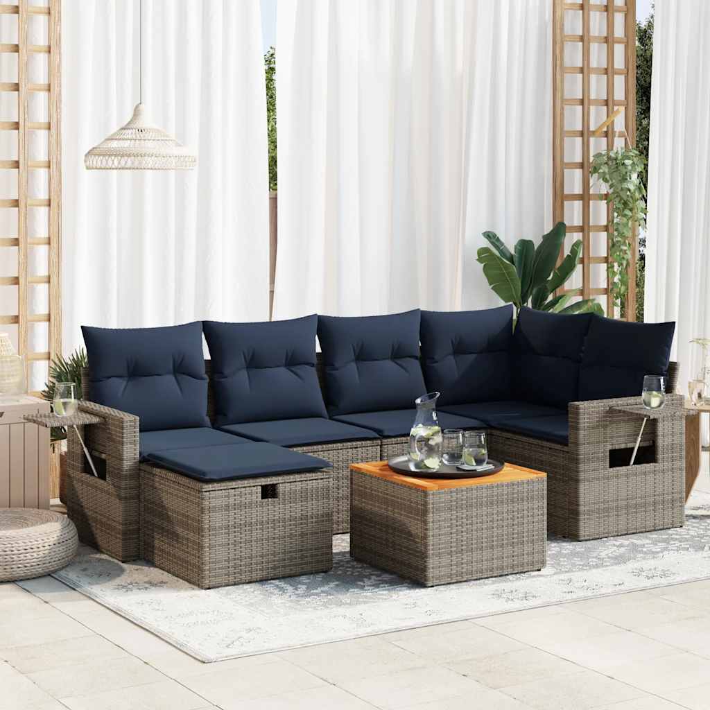 7 Pcs conjunto sofás p/ jardim c/ almofadões vime PE cinzento