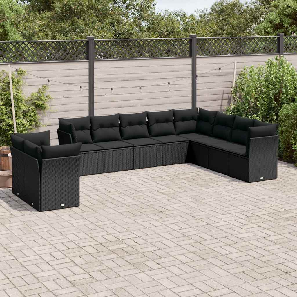 10 Pcs conjunto sofás de jardim c/ almofadões vime PE preto