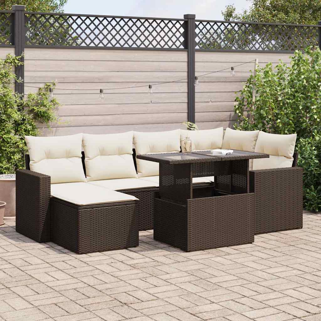7 Pcs conjunto de sofás jardim c/ almofadões vime PE castanho