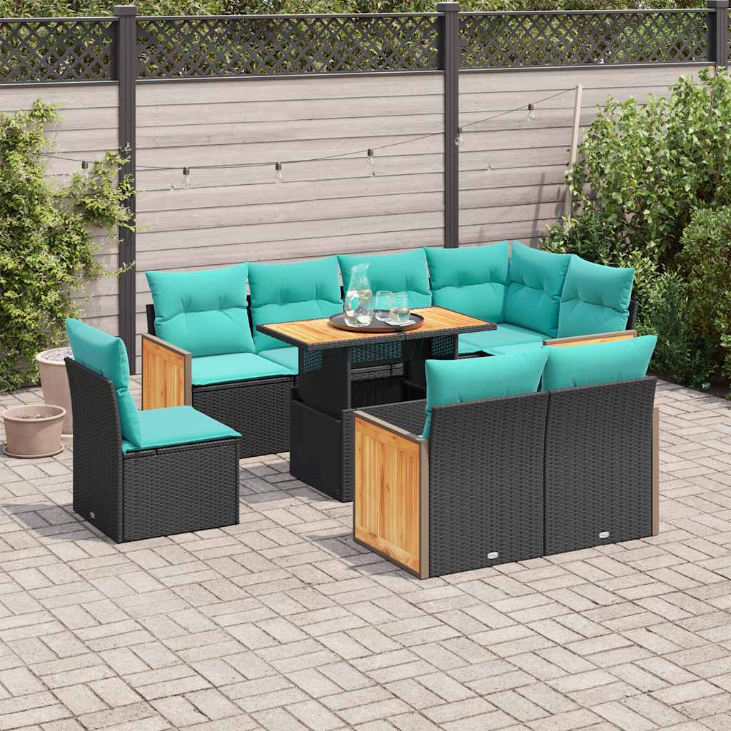 9 Pcs conjunto sofás p/ jardim almofadões vime PE/acácia preto