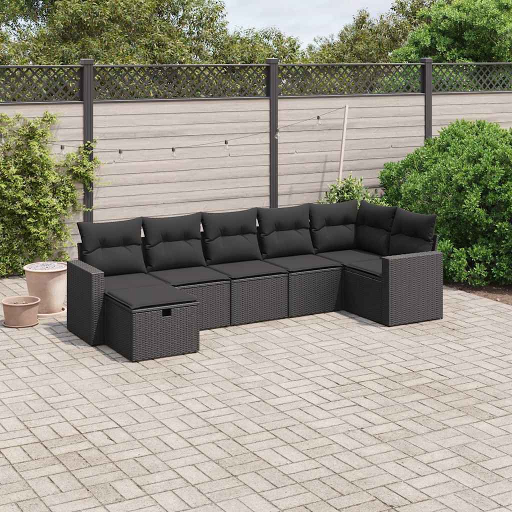 7 Pcs conjunto de sofás p/ jardim c/ almofadões vime PE preto