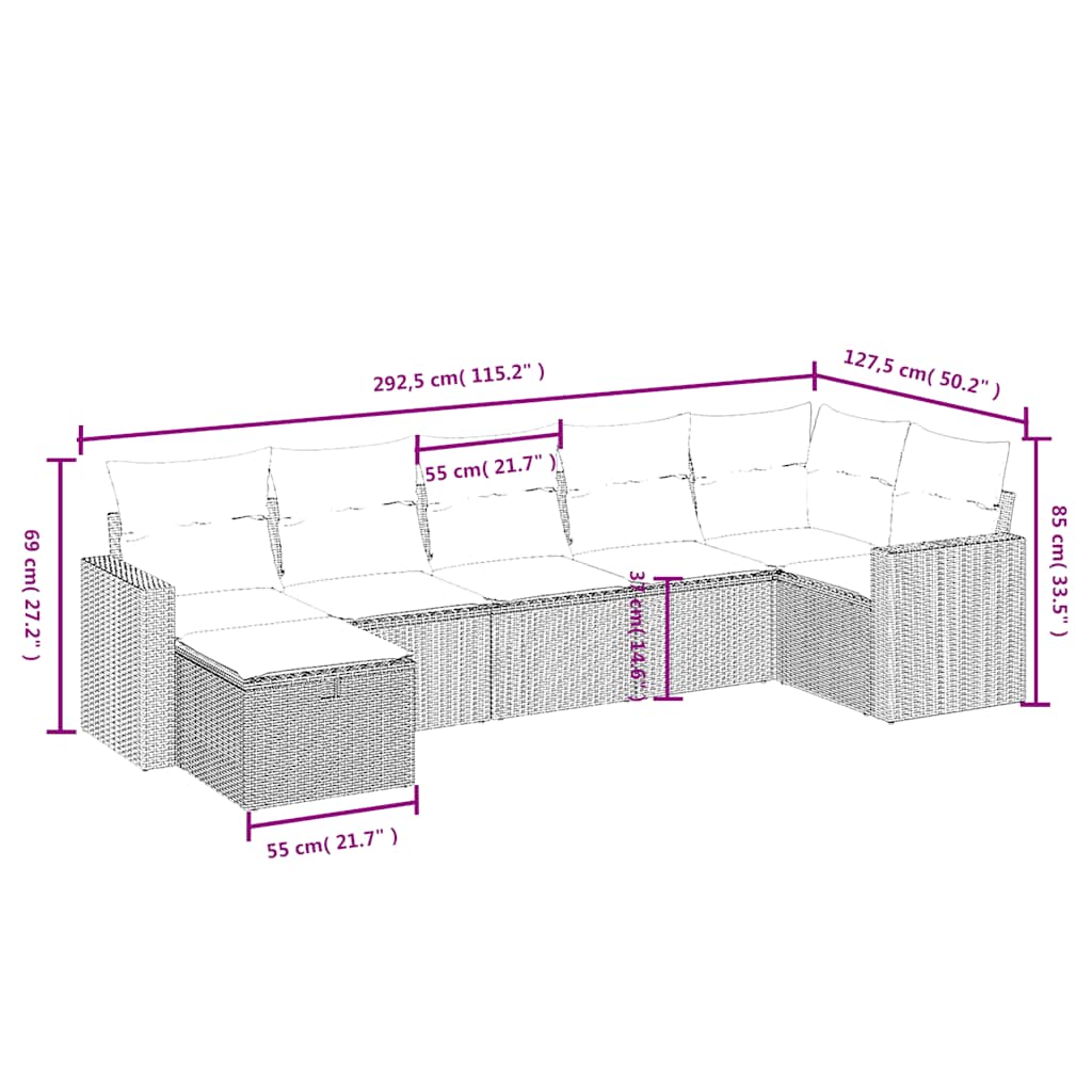 7 Pcs conjunto de sofás p/ jardim c/ almofadões vime PE preto