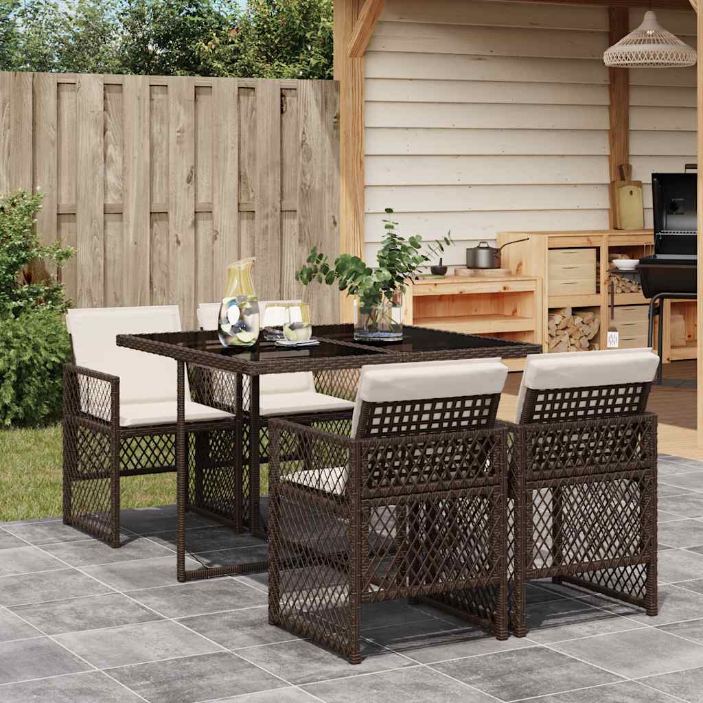 5 Pcs conjunto jantar p/ jardim c/ almofadões vime PE castanho