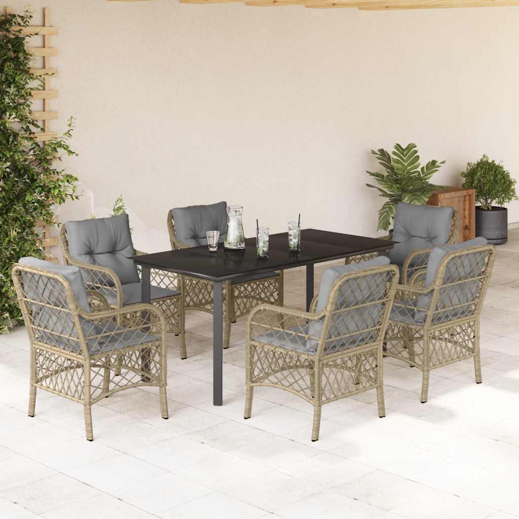 7 Pcs conj. jantar jardim c/ almofadões vime PE bege misturado