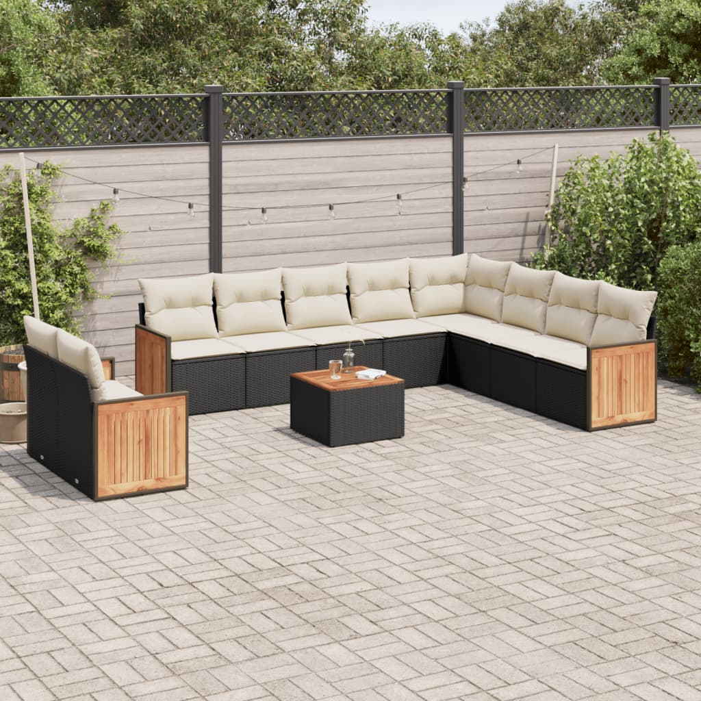 11 Pcs conjunto sofás de jardim c/ almofadões vime PE preto
