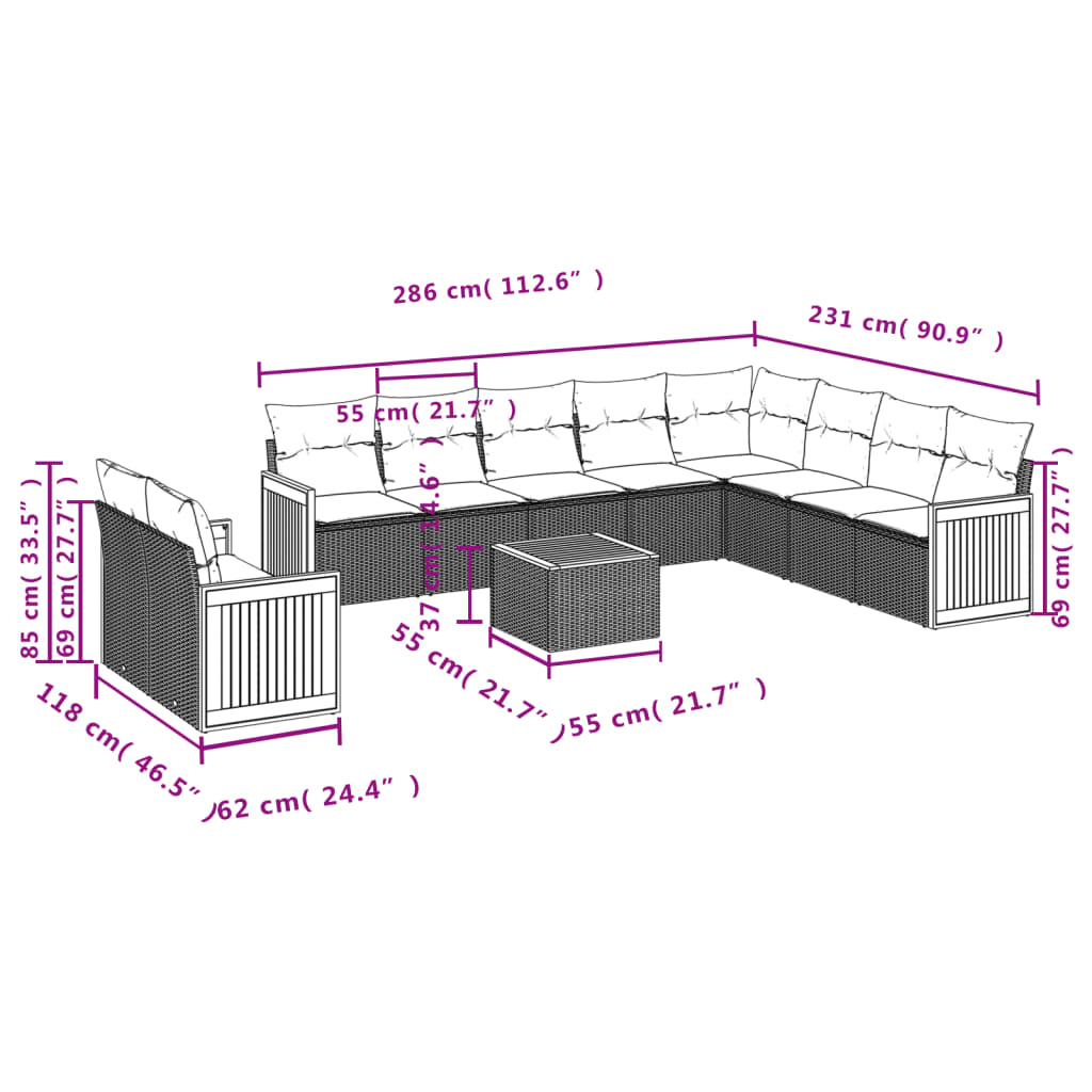 11 Pcs conjunto sofás de jardim c/ almofadões vime PE preto