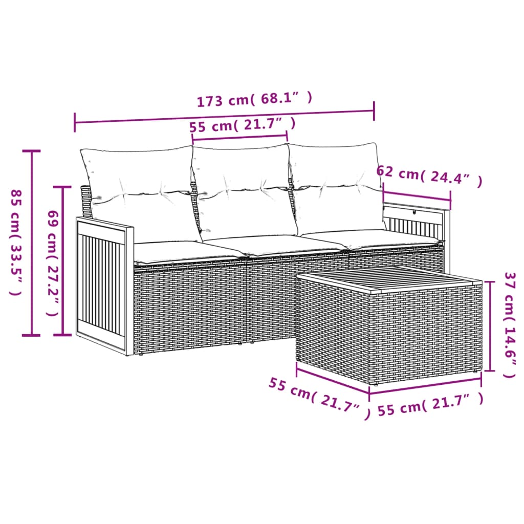 4 Pcs conjunto de sofás para jardim c/ almofadões vime PE preto