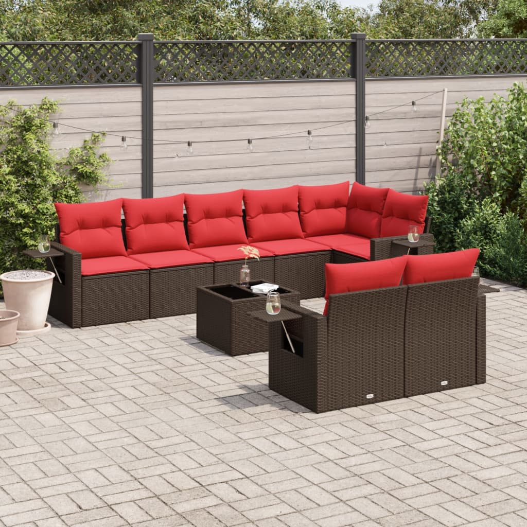 Conjunto de sofá de jardim com 9 peças e almofadas em rattan sintético marrom