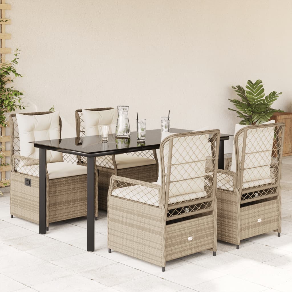 5 Pcs conjunto de jantar p/ jardim com almofadões vime PE bege