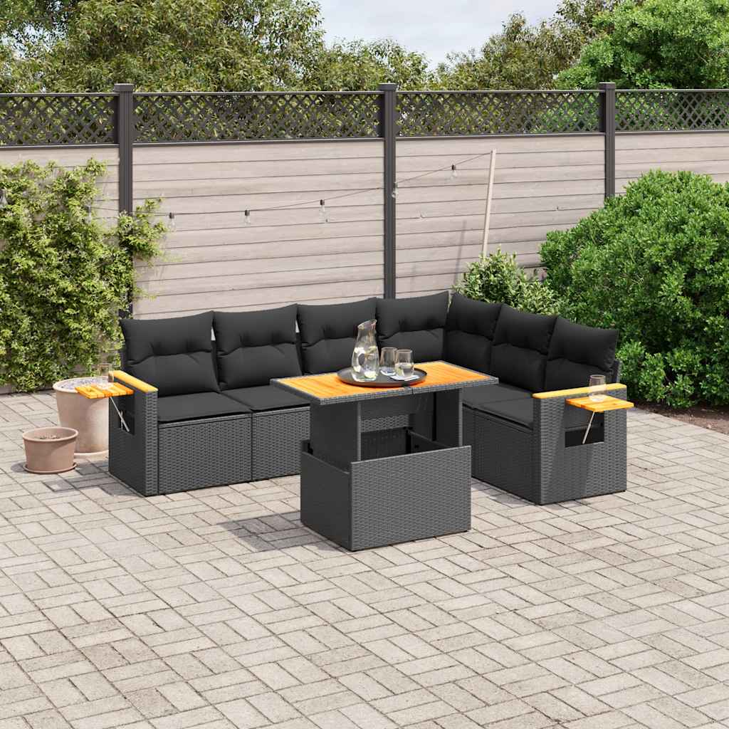 7 Pcs conjunto de sofás p/ jardim c/ almofadões vime PE preto