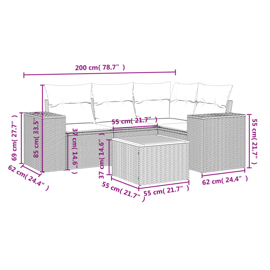 5 Pcs conjunto sofás de jardim com almofadões vime PE preto