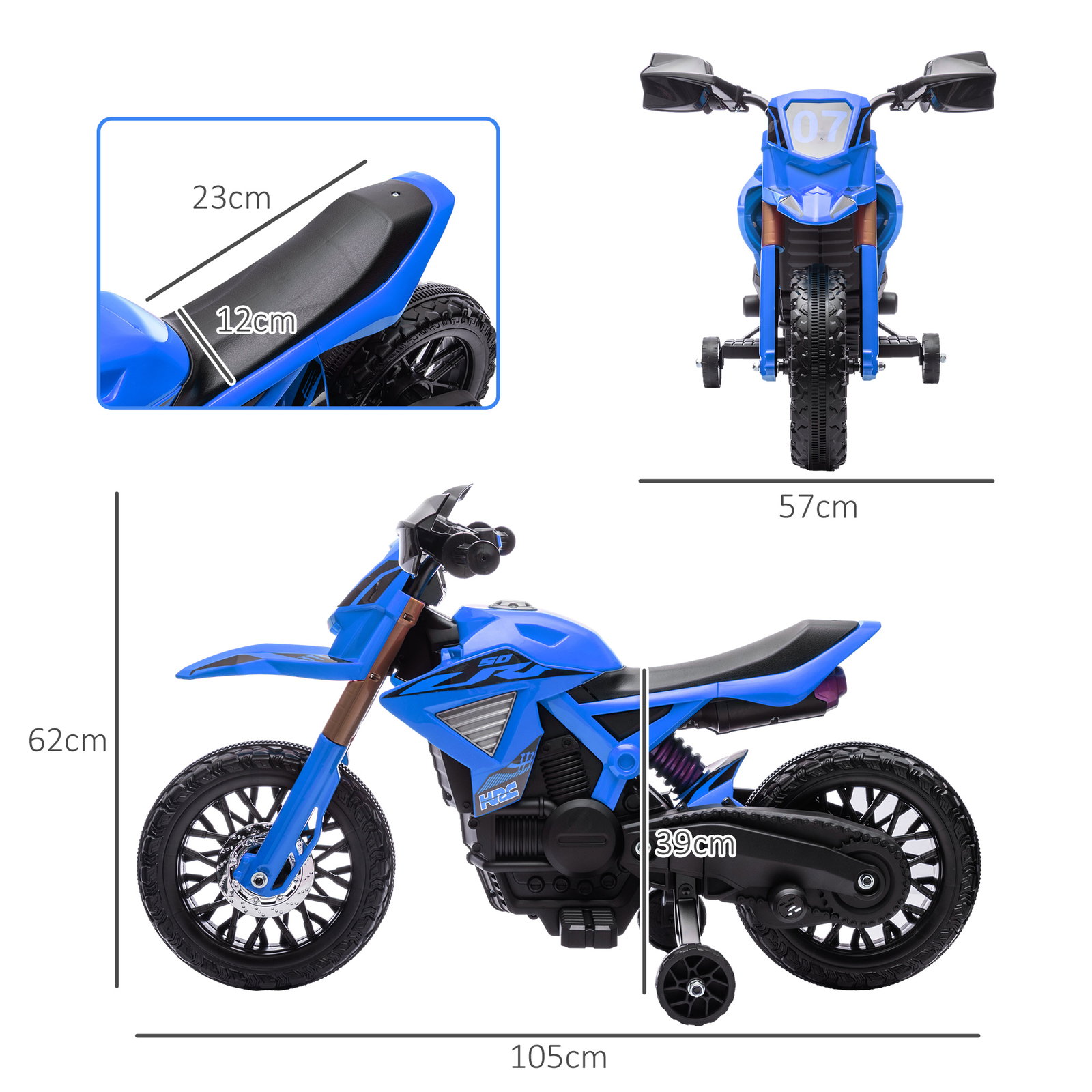 Mota elétrica para crianças moto a bateria para crianças 6v com rodas de treino e buzina 105x57x62 cm azul
