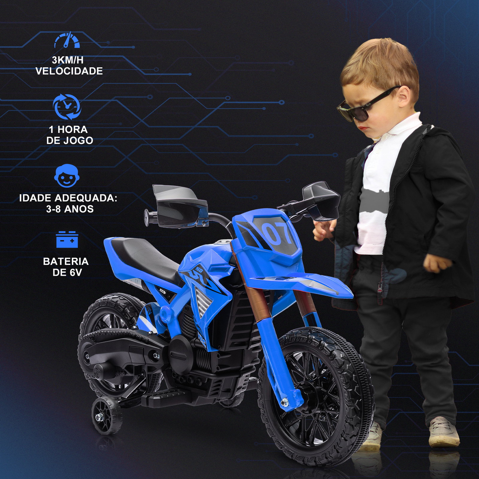 Mota elétrica para crianças moto a bateria para crianças 6v com rodas de treino e buzina 105x57x62 cm azul