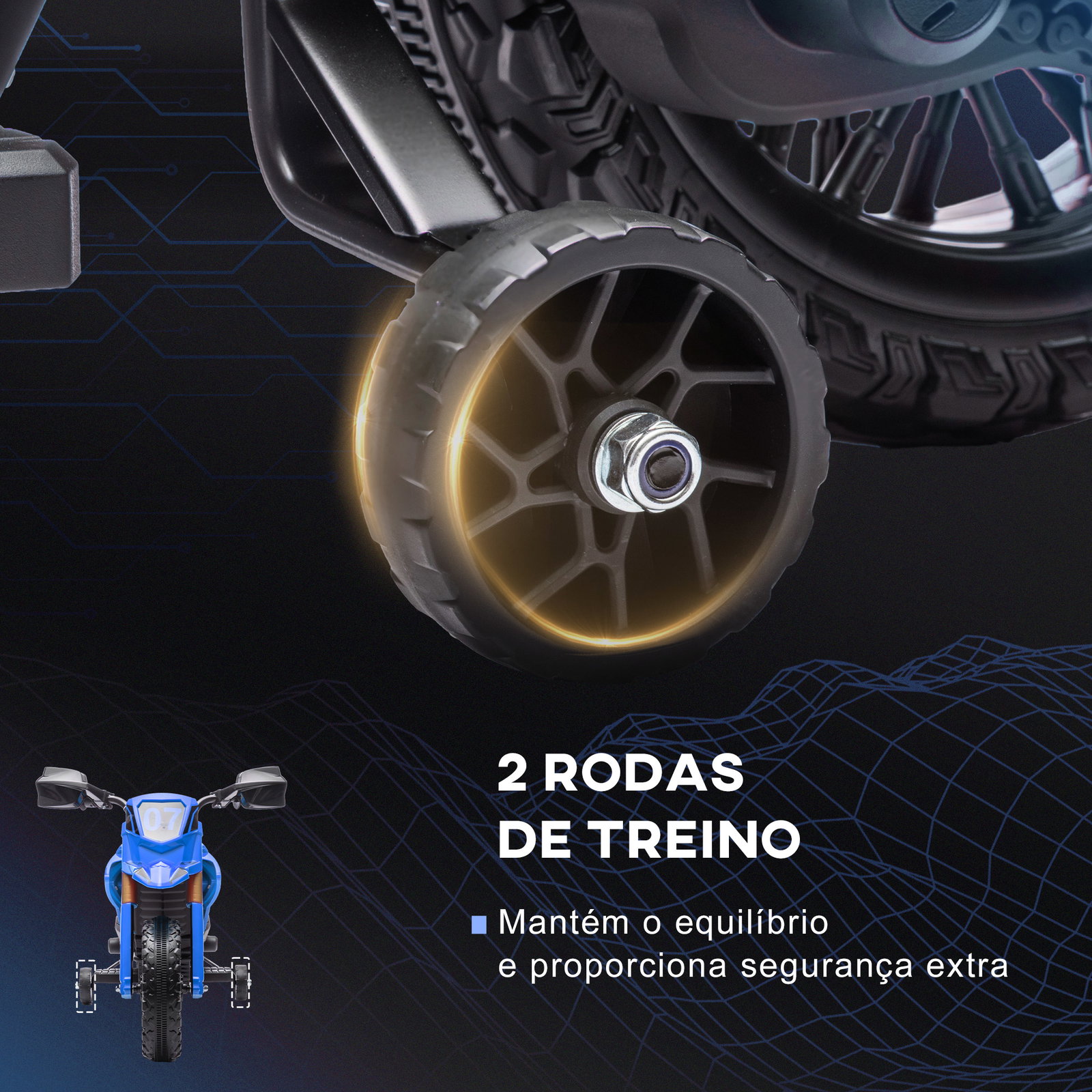 Mota elétrica para crianças moto a bateria para crianças 6v com rodas de treino e buzina 105x57x62 cm azul
