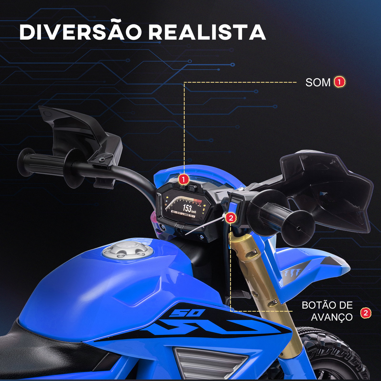 Mota elétrica para crianças moto a bateria para crianças 6v com rodas de treino e buzina 105x57x62 cm azul