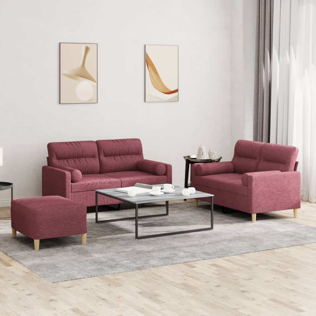3 Pcs conjunto de sofás com almofadas tecido vermelho-tinto