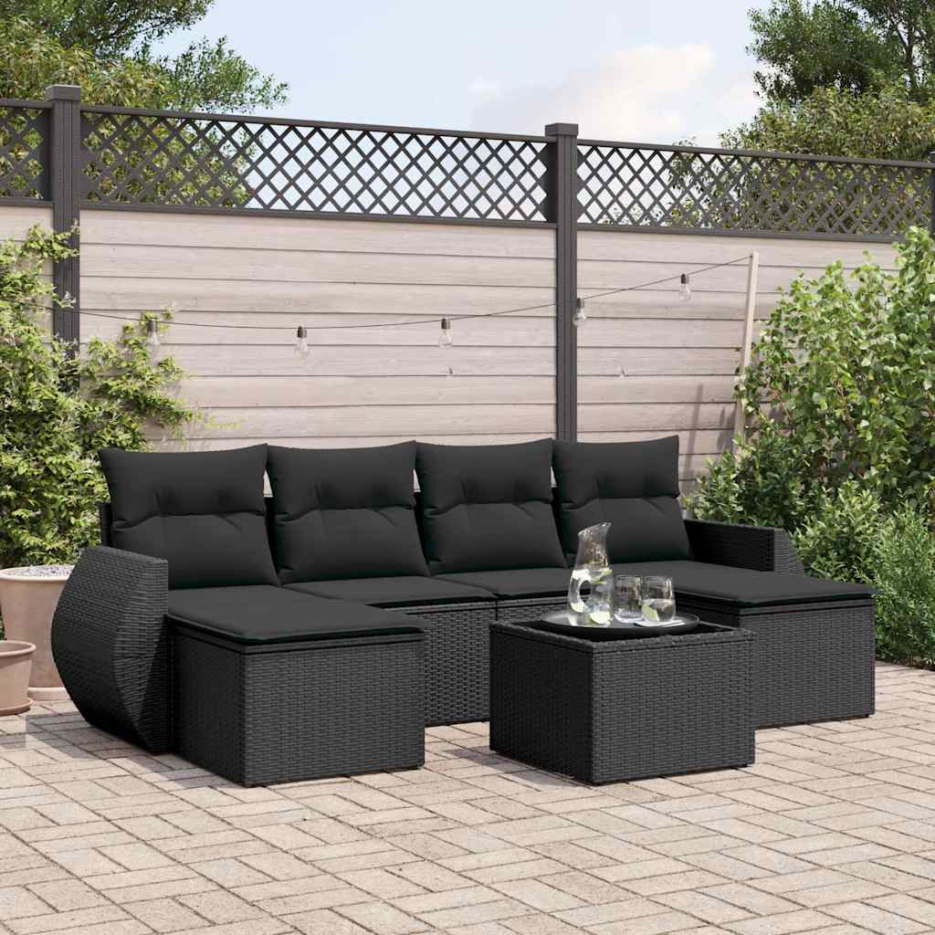 7 Pcs conjunto de sofás p/ jardim c/ almofadões vime PE preto