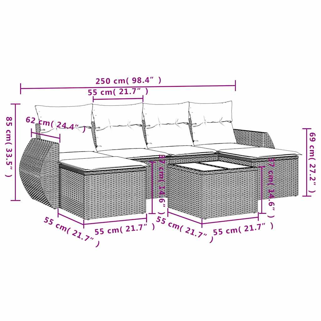 7 Pcs conjunto de sofás p/ jardim c/ almofadões vime PE preto