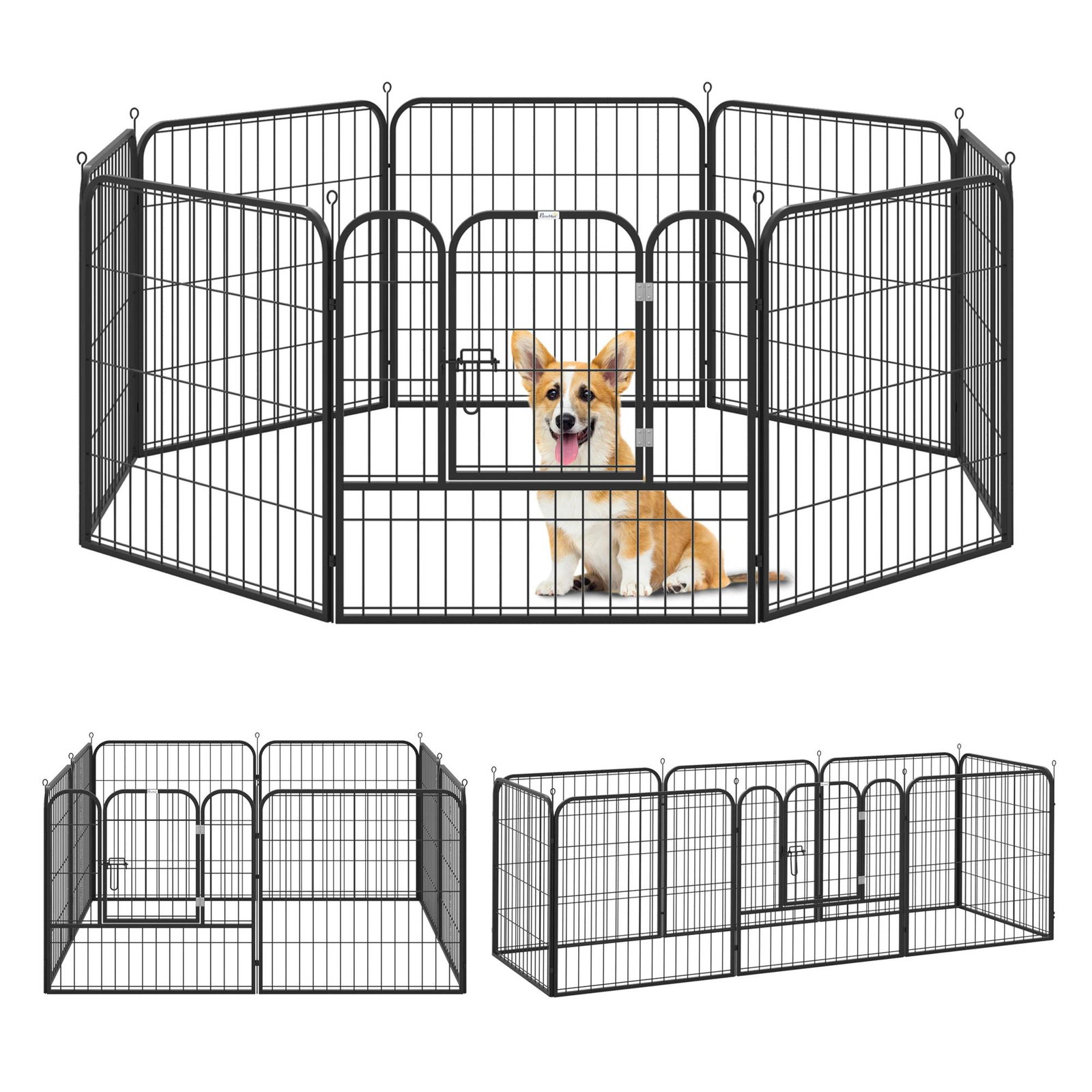 Parque para animais de estimação com 8 Varas Dobrável com Porta e Dupla Trava 79x79cm Preto