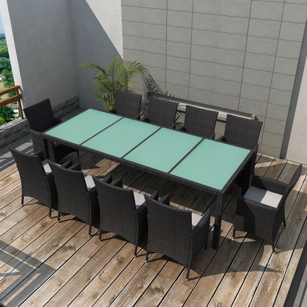 11 Pcs conjunto jantar exterior com almofadões vime PE preto
