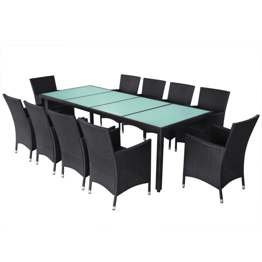 11 Pcs conjunto jantar exterior com almofadões vime PE preto
