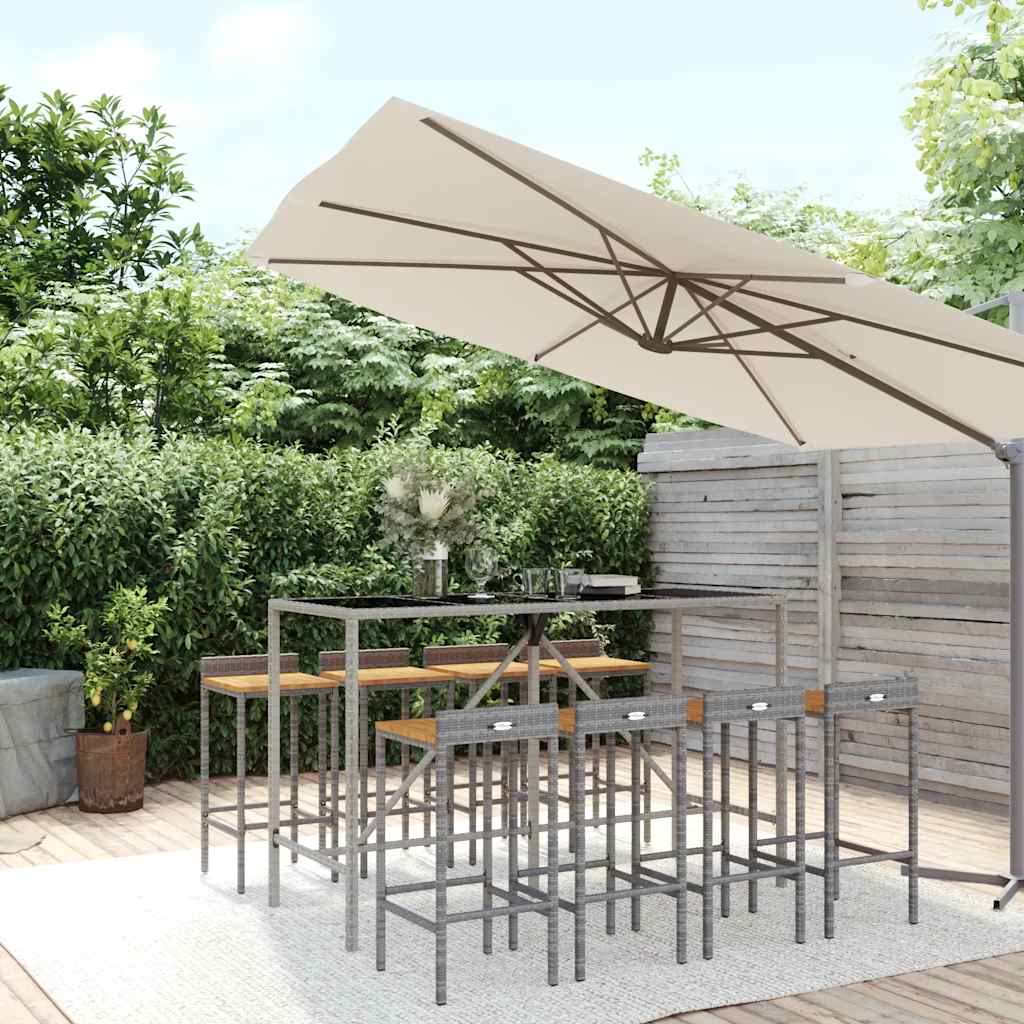 9 Pcs conjunto de bar p/ jardim vime PE/acácia maciça cinzento