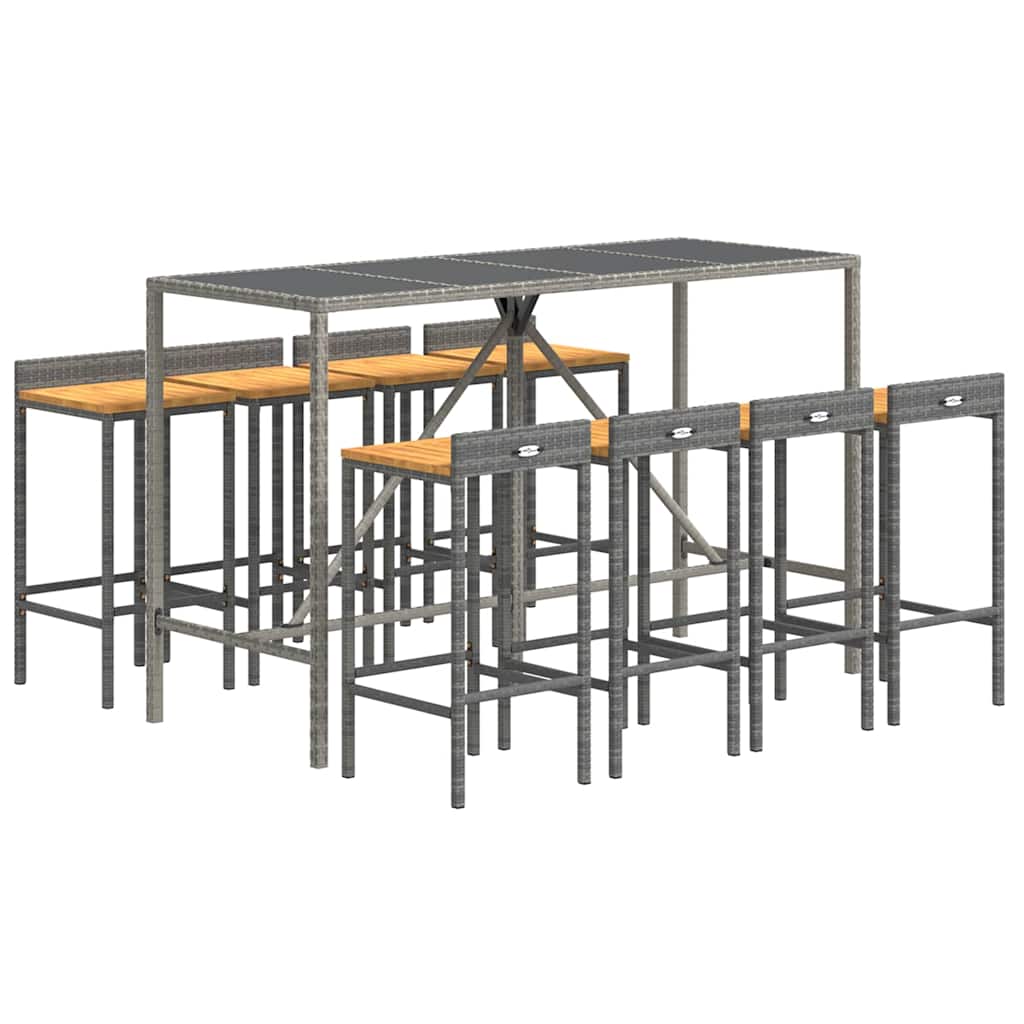 9 Pcs conjunto de bar p/ jardim vime PE/acácia maciça cinzento