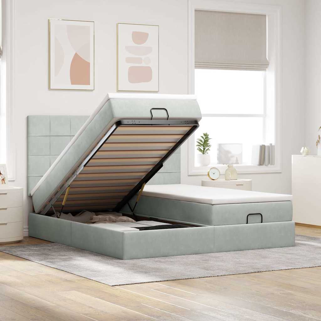 Estrutura cama otomana colchões 180x200cm veludo cinzento claro