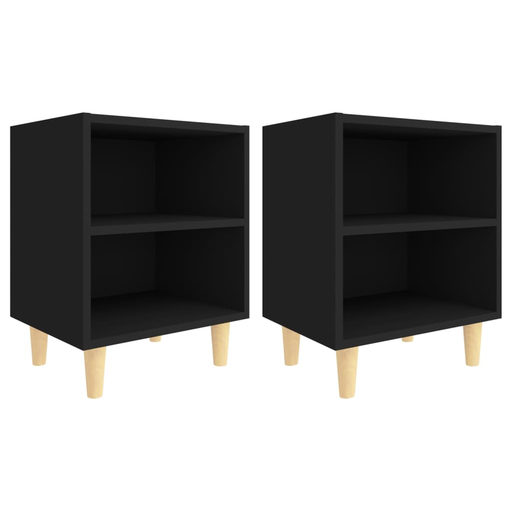 Mesas de cabeceira pernas madeira maciça 2pcs 40x30x50cm preto