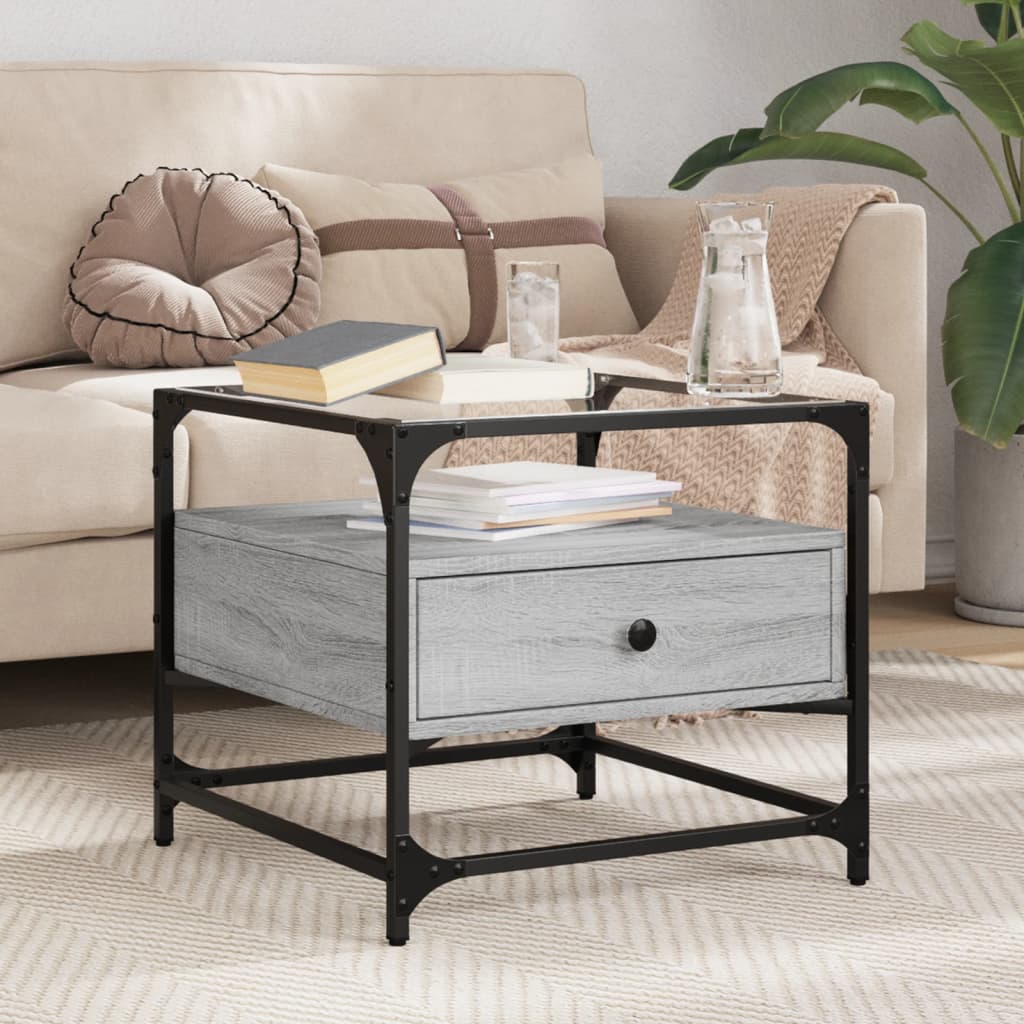 Mesa de centro c/ topo de vidro 50x50x45 cm cinza sonoma aço
