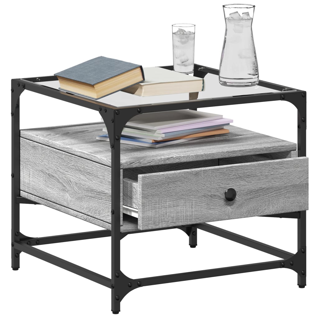 Mesa de centro c/ topo de vidro 50x50x45 cm cinza sonoma aço