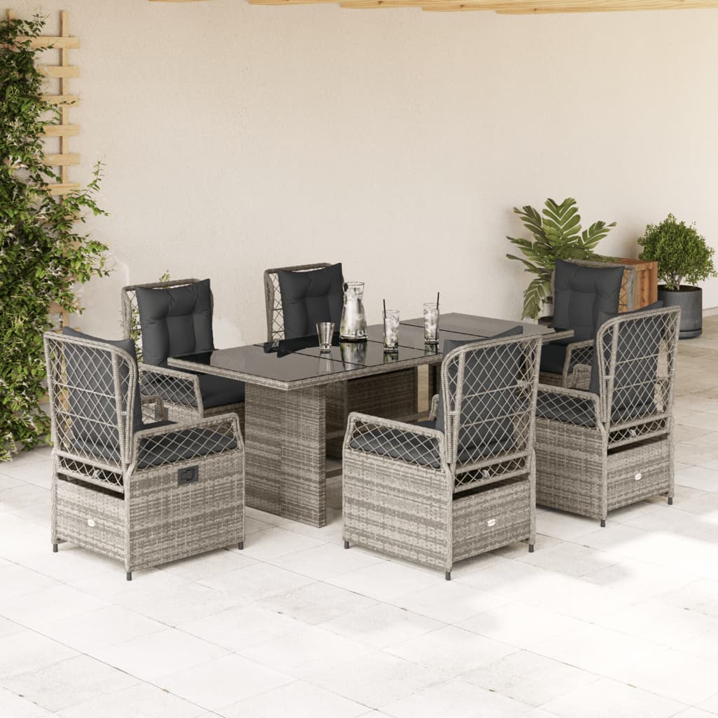 7 Pcs conjunto de jantar p/ jardim c/ almofadões vime PE cinza