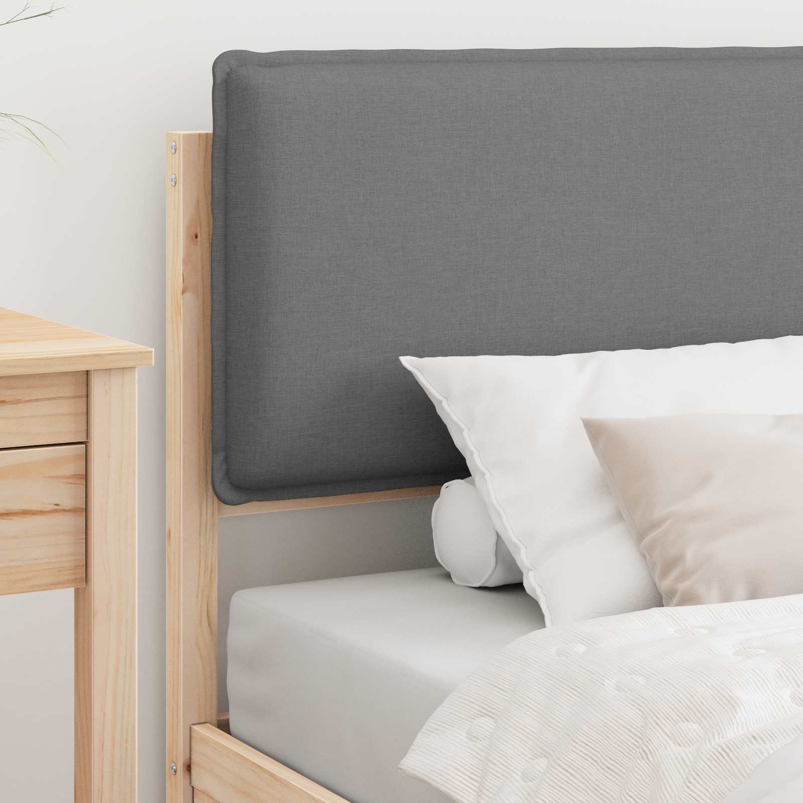 Estrutura de cama com cabeceira estofada cinzento-claro