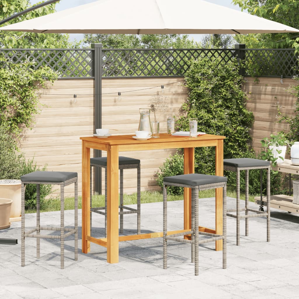 5 Pcs conjunto de bar p/ jardim acácia maciça/vime PE cinzento