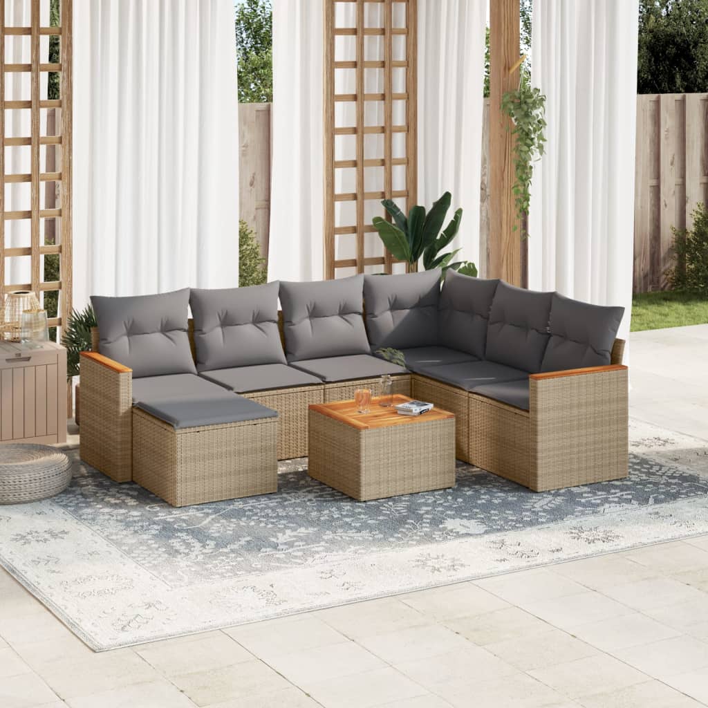 8 Pcs conj. sofás jardim c/ almofadões vime PE bege misturado
