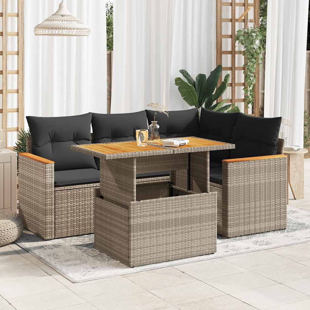 5 Pcs conjunto sofás de jardim c/ almofadões acácia e vime PE