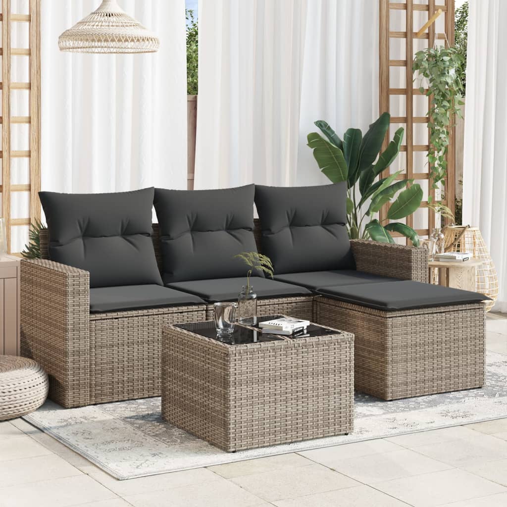 5 Pcs conjunto sofás de jardim c/ almofadões vime PE cinzento