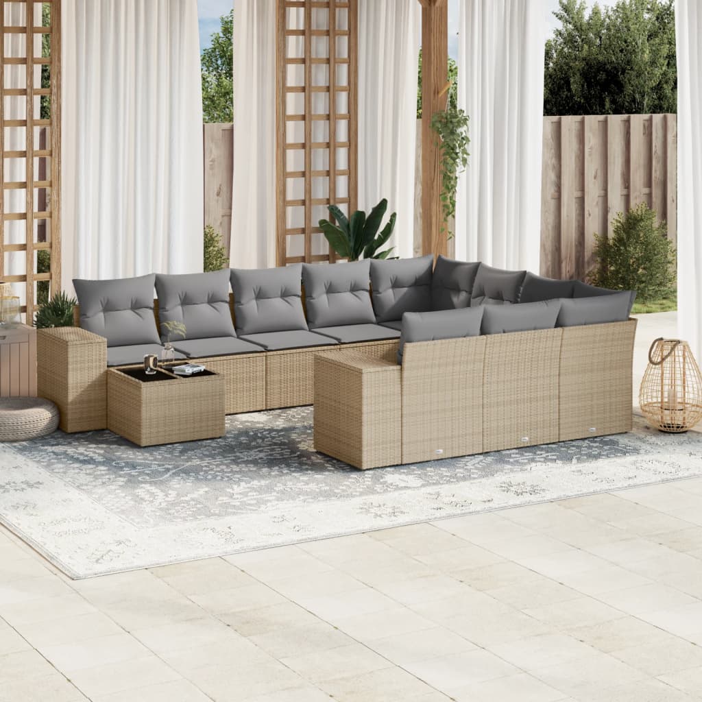11 Pcs conjunto sofás de jardim c/ almofadões vime PE bege