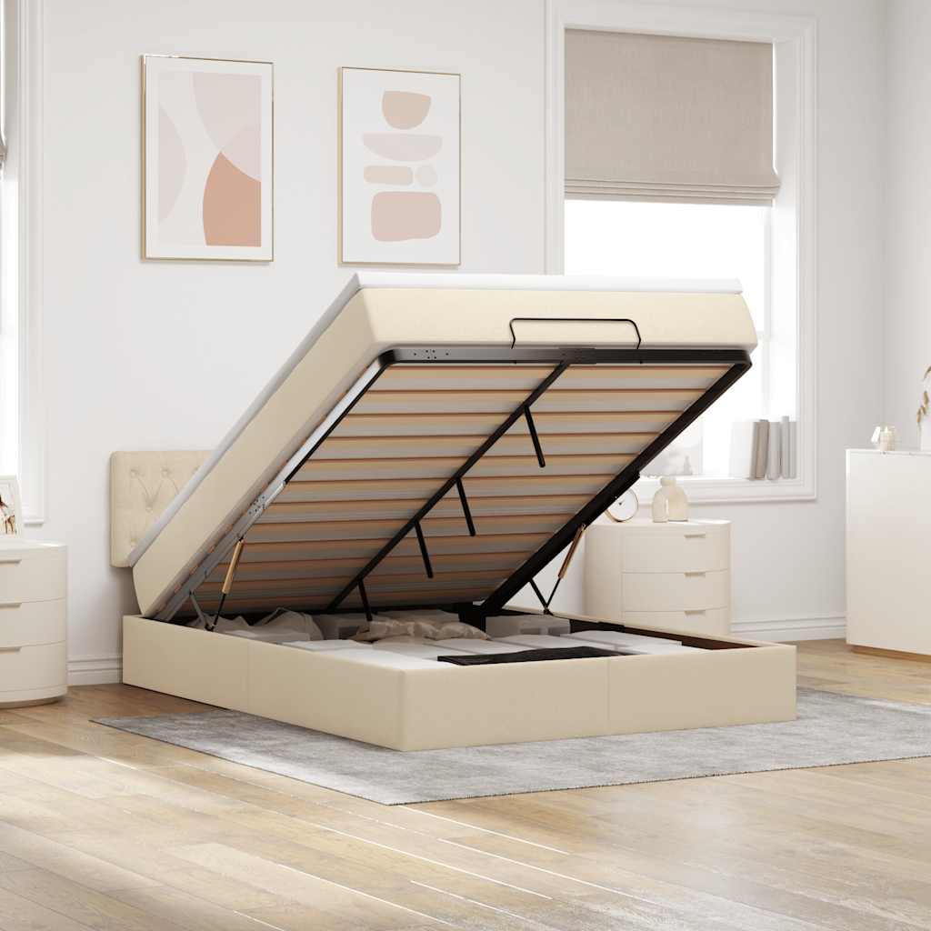 Cama otomana com colchão & leds creme 140x200 cm tecido