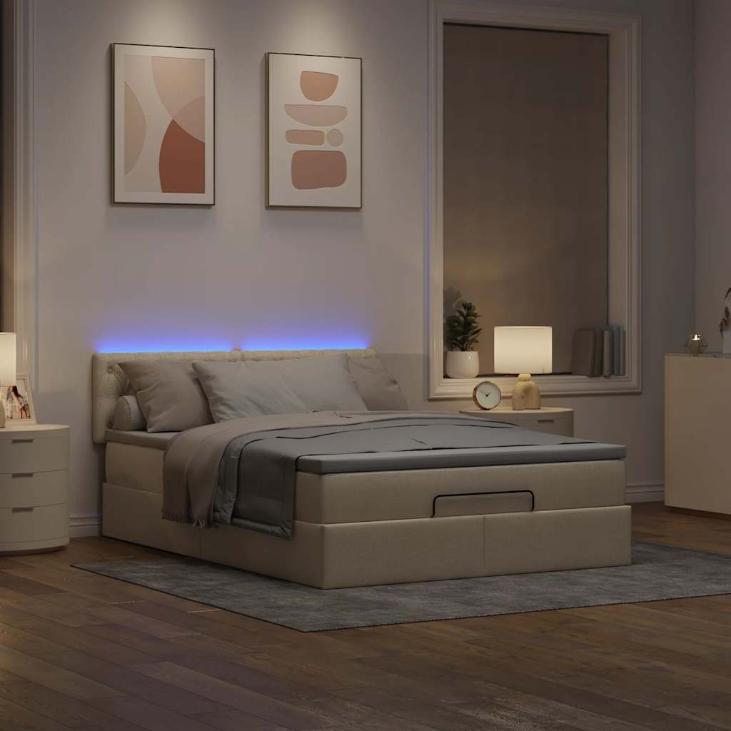 Cama otomana com colchão & leds creme 140x200 cm tecido