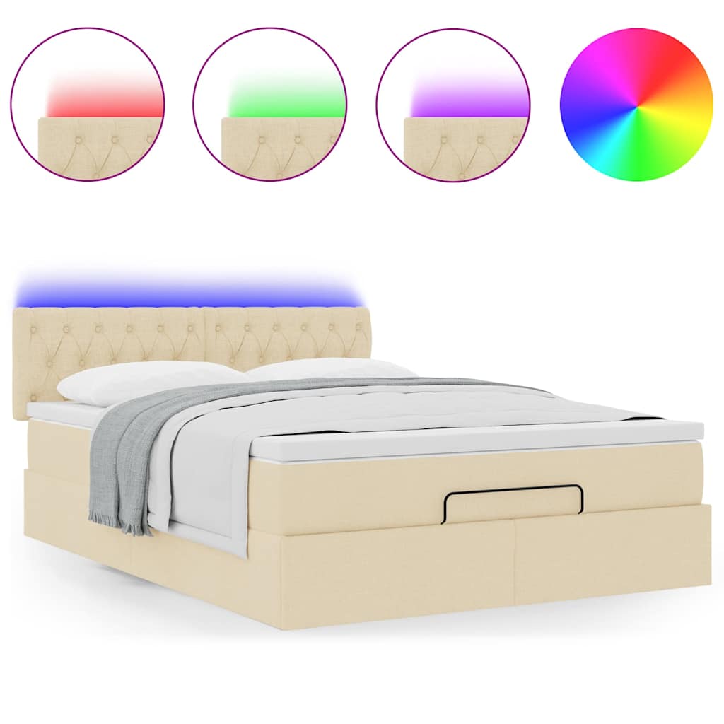 Cama otomana com colchão & leds creme 140x200 cm tecido